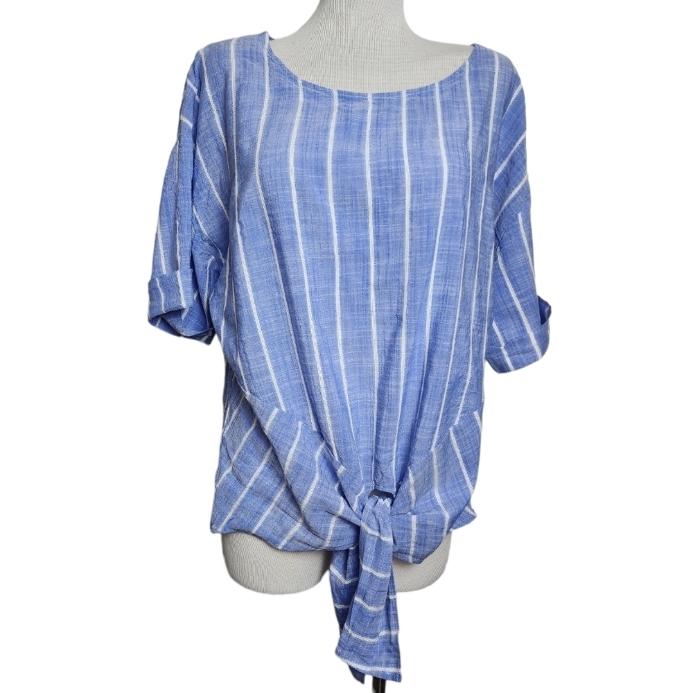Como Vintage Blue Vertical Striped Cotton Cuffed Sleeve Tie Hem Top Size L
